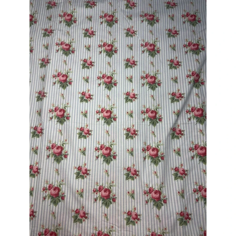 Ralph Lauren Emma Full Flat Sheet Blue Stripe Roses Ruffled Cottage Shabby Chic - Picture 2 of 6